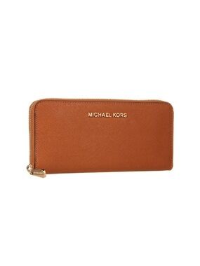Michael Kors Jet Set Saffiano Zip Around Wallet Brown and Gold